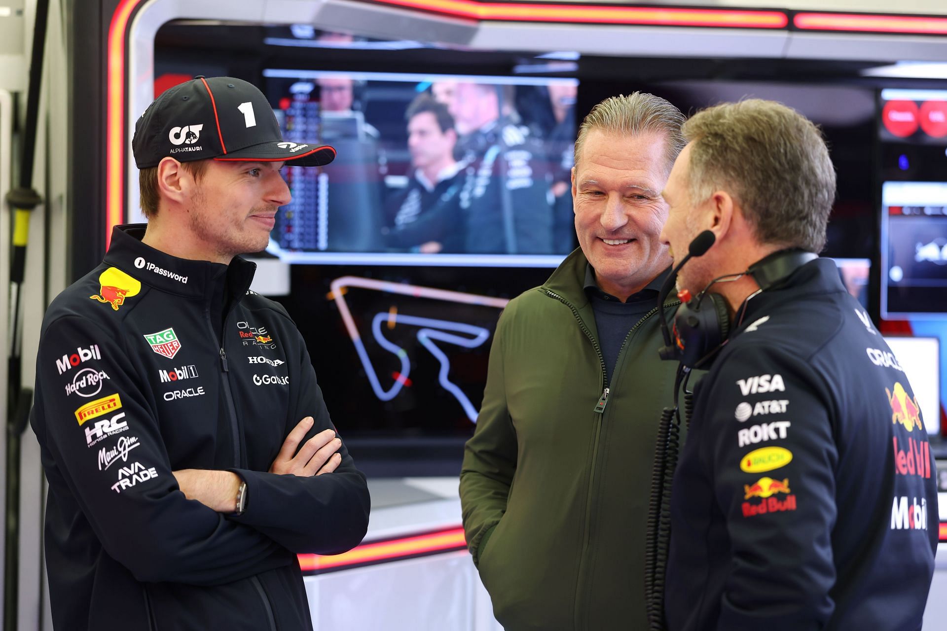 Max Vertsappen (L), Jos Verstappen, and Christian Horner (R) at the Formula 1 Testing in Bahrain - Day 1 - Source: Getty